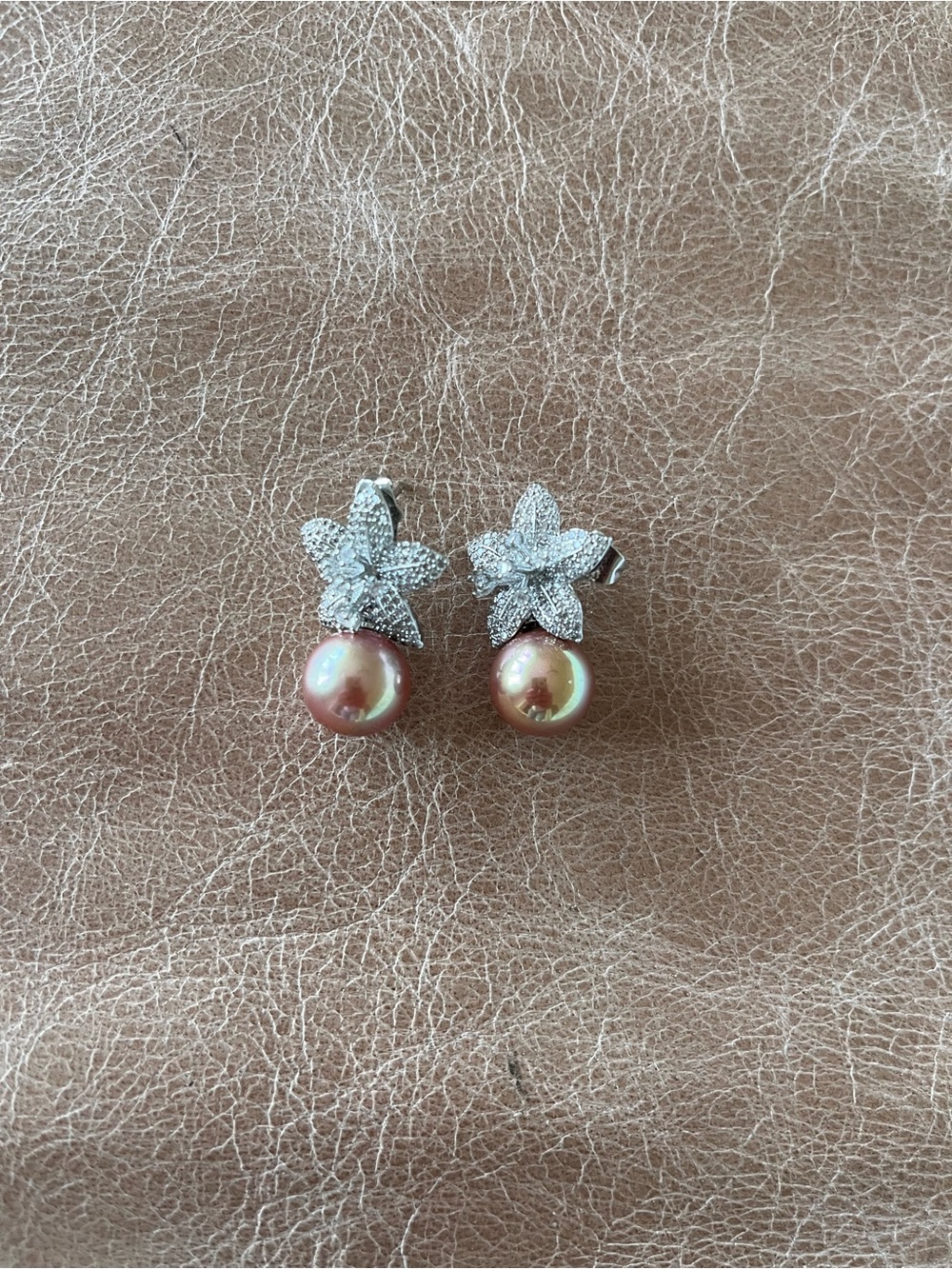 Silver Starflower Faux Pearl Drop Fashion Earrings - Brown Pearls